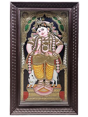 Standing Lord Krishna Tanjore Painting | Traditional Colors With 24K Gold | Teakwood Frame | Gold & Wood | Handmade | Made In India