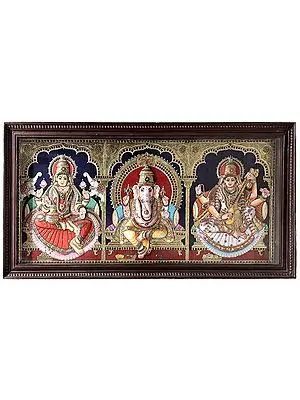 Ganesha with Lakshmi & Saraswati Tanjore Painting | Traditional Colors With 24K Gold | Teakwood Frame | Gold & Wood | Handmade | Made In India