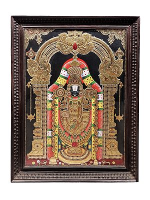 Lord Venkateshvara as Balaji Tanjore Painting | Traditional Colors With 24K Gold | Teakwood Frame | Gold & Wood | Handmade | Made In India