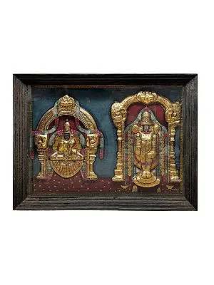 Lord Venkateswara as Balaji At Tirupati With Goddess Lakshmi Tanjore Painting | Traditional Colors With 24K Gold | Teakwood Frame | Gold & Wood | Handmade | Made In India