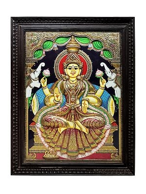 Padmasana Gajalakshmi Tanjore Painting | Traditional Colors With 24K Gold | Teakwood Frame | Gold & Wood | Handmade | Made In India