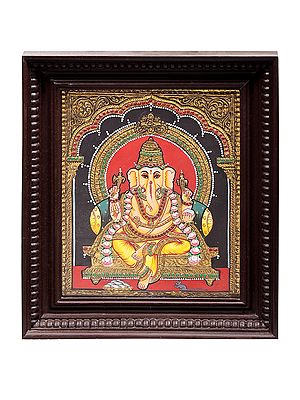 Lord Ganesha Tanjore Painting | Traditional Colors with 24K Gold | Teakwood Frame | Handmade | Made in India