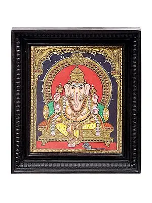 Lord Ganesha Tanjore Painting | Traditional Colors With 24K Gold | Teakwood Frame | Gold & Wood | Handmade | Made In India
