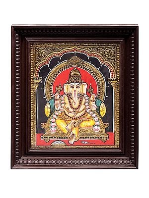 Seated Lord Ganesha Tanjore Painting | Traditional Colors With 24K Gold | Teakwood Frame | Gold & Wood | Handmade | Made In India