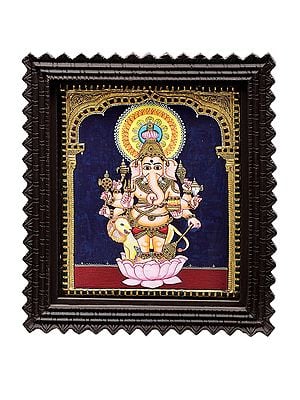 Ashtabhuja Lord Ganesha Standing on Lotus Tanjore Painting | Traditional Colors With 24K Gold | Teakwood Frame | Gold & Wood | Handmade | Made In India