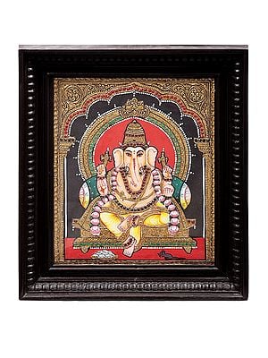 Lord Ganesha Tanjore Painting | Traditional Colors With 24K Gold | Teakwood Frame | Gold & Wood | Handmade | Made In India