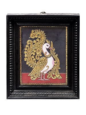 Standing Peacock Tanjore Painting | Traditional Colors With 24K Gold | Teakwood Frame | Gold & Wood | Handmade | Made In India