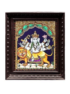 Lord Ganesha Seated on Lion Tanjore Painting | Traditional Colors With 24K Gold | Teakwood Frame | Gold & Wood | Handmade | Made In India
