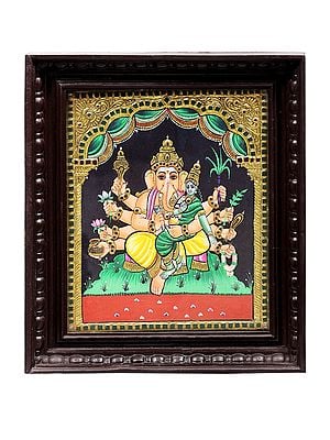 Ganesha the Lord of Prosperity Tanjore Painting | Traditional Colors With 24K Gold | Teakwood Frame | Gold & Wood | Handmade | Made In India