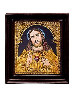 Jesus Christ Tanjore Painting | Traditional Colors With 24K Gold | Teakwood Frame | Gold & Wood | Handmade | Made In India