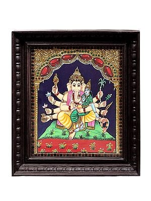Ganesha the Lord of Prosperity Tanjore Painting | Traditional Colors With 24K Gold | Teakwood Frame | Gold & Wood | Handmade | Made In India