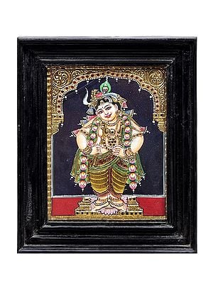 Standing Lord Krishna Tanjore Painting | Traditional Colors With 24K Gold | Teakwood Frame | Gold & Wood | Handmade | Made In India
