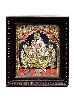 Lord Ganesha Tanjore Painting | Traditional Colors With 24K Gold | Teakwood Frame | Handmade | Made in India