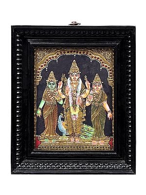 Lord Karttikeya With Devasena And Valli Tanjore Painting | Traditional Colors With 24K Gold | Teakwood Frame | Gold & Wood | Handmade | Made In India