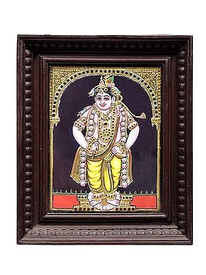 Standing Lord Krishna Tanjore Painting | Traditional Colors With 24K Gold | Teakwood Frame | Gold & Wood | Handmade | Made In India