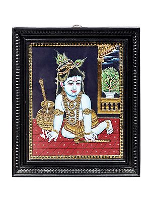 Makhan Chor Krishna Tanjore Painting | Traditional Colors With 24K Gold | Teakwood Frame | Gold & Wood | Handmade | Made In India