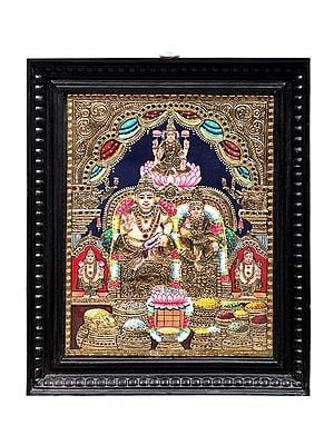 Kubera and Lakshmi Tanjore Painting | Traditional Colors With 24K Gold | Teakwood Frame | Gold & Wood | Handmade | Made In India