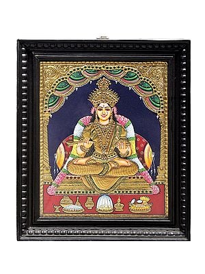 Goddess Annapurna Tanjore Painting | Traditional Colors With 24K Gold | Teakwood Frame | Gold & Wood | Handmade | Made In India