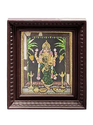 Goddess Lakshmi Tanjore Painting | Traditional Colors With 24K Gold | Teakwood Frame | Gold & Wood | Handmade | Made In India