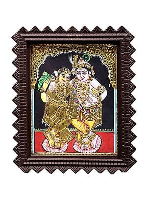 Lord Krishna and Radha Tanjore Painting | Traditional Colors With 24K Gold | Teakwood Frame | Gold & Wood | Handmade | Made In India
