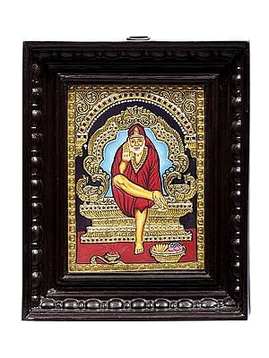 Shirdi Sai Baba Tanjore Painting | Traditional Colors With 24K Gold | Teakwood Frame | Gold & Wood | Handmade | Made In India