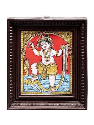Lord Krishna Dancing on Serpent Kaliya Tanjore Painting | Traditional Colors With 24K Gold | Teakwood Frame | Gold & Wood | Handmade | Made In India