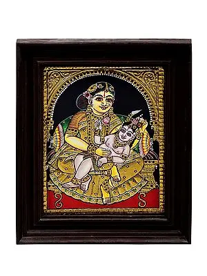 Baby Krishna in the Lap of Mother Yashoda Tanjore Painting | Traditional Colors With 24K Gold | Teakwood Frame | Gold & Wood | Handmade | Made In India