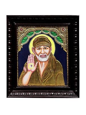 Blessing Sai Baba Tanjore Painting | Traditional Colors with 24K Gold | Teakwood Frame | Handmade | Made in India