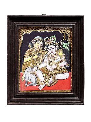 Baby Krishna in the Lap of Mother Yashoda Tanjore Painting | Traditional Colors With 24K Gold | Teakwood Frame | Gold & Wood | Handmade | Made In India