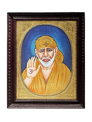 Blessing Sai Baba Tanjore Painting | Traditional Colors With 24K Gold | Teakwood Frame | Gold & Wood | Handmade | Made In India