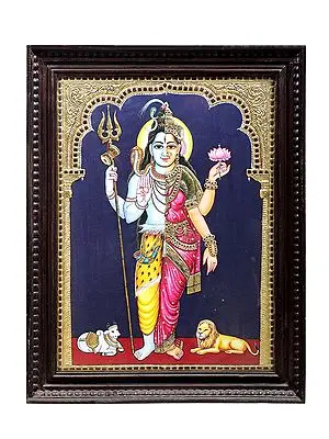 Ardhanarishvara Tanjore Painting | Traditional Colors With 24K Gold | Teakwood Frame | Gold & Wood | Handmade | Made In India