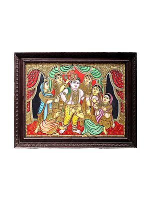 Gopies Decorating Lord Krishna Tanjore Painting | Traditional Colors With 24K Gold | Teakwood Frame | Gold & Wood | Handmade | Made In India