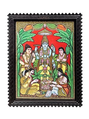 Satyanarayan Katha Tanjore Painting | Traditional Colors With 24K Gold | Teakwood Frame | Gold & Wood | Handmade | Made In India