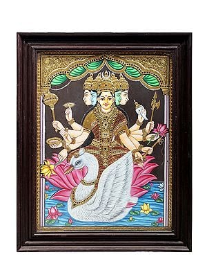Goddess Gayatri Seated on Swan Tanjore Painting | Traditional Colors With 24K Gold | Teakwood Frame | Gold & Wood | Handmade | Made In India