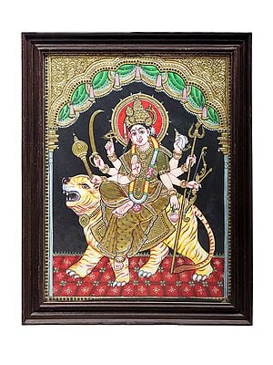 Ashtabhuja Goddess Durga Tanjore Painting | Traditional Colors With 24K Gold | Teakwood Frame | Gold & Wood | Handmade | Made In India