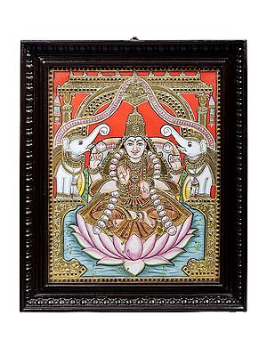 Goddess Gajalakshmi Seated on Lotus Tanjore Painting | Traditional Colors With 24K Gold | Teakwood Frame | Gold & Wood | Handmade | Made In India