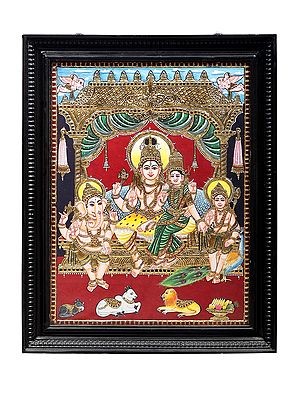 Lord Shiva Family Tanjore Painting | Traditional Colors With 24K Gold | Teakwood Frame | Gold & Wood | Handmade | Made In India