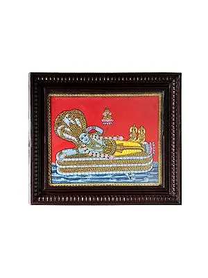 Shesha Shayi Vishnu Tanjore Painting | Traditional Colors With 24K Gold | Teakwood Frame | Gold & Wood | Handmade | Made In India