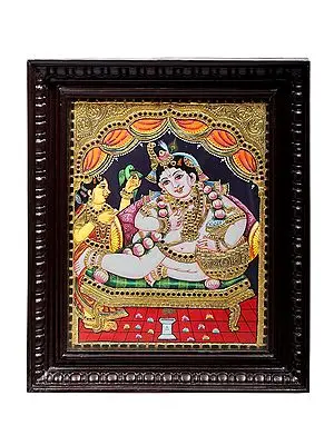 Butter Krishna Tanjore Painting | Traditional Colors With 24K Gold | Teakwood Frame | Gold & Wood | Handmade | Made In India