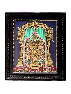 Lord Venkateshvara as Balaji Tanjore Painting | Traditional Colors With 24K Gold | Teakwood Frame | Gold & Wood | Handmade | Made In India