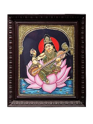 Goddess Saraswati Seated on Lotus Tanjore Painting | Traditional Colors With 24K Gold | Teakwood Frame | Gold & Wood | Handmade | Made In India
