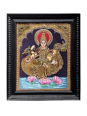 Goddess Saraswati Seated on Swan Tanjore Painting | Traditional Colors With 24K Gold | Teakwood Frame | Gold & Wood | Handmade | Made In India