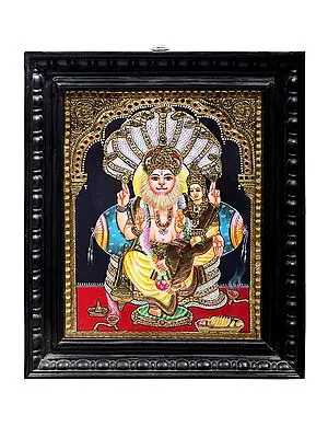 Lord Narasimha with Goddess Lakshmi Tanjore Painting | Traditional Colors With 24K Gold | Teakwood Frame | Gold & Wood | Handmade | Made In India