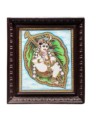 Vatapatra-Shayi Krishna Tanjore Painting | Traditional Colors With 24K Gold | Teakwood Frame | Gold & Wood | Handmade | Made In India