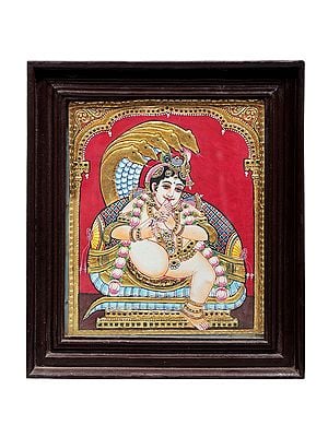 Krishna Sucking His Thumb Tanjore Painting | Traditional Colors With 24K Gold | Teakwood Frame | Gold & Wood | Handmade | Made In India