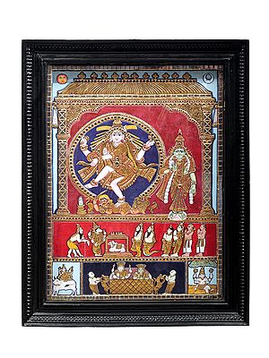 Dancing Shiva with Goddess Parvati Tanjore Painting | Traditional Colors With 24K Gold | Teakwood Frame | Gold & Wood | Handmade | Made In India