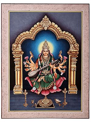 17" x 12" Twelve Armed Goddess Saraswati Along with Kirtimukha Playing with Veena | Handmade