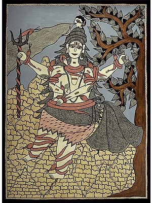 21" x 29" Ganga Flowing In Lord Shiva Hair |Traditional Colors | Handmade | Lord Shiva Madhubani Paintings