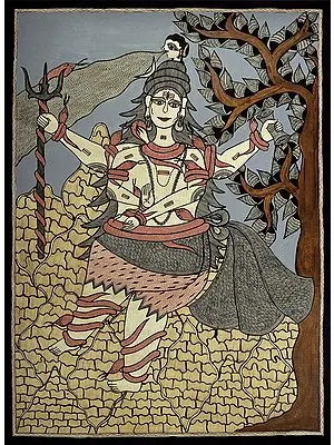 21" x 29" Ganga Flowing In Lord Shiva Hair |Traditional Colors | Handmade | Lord Shiva Madhubani Paintings