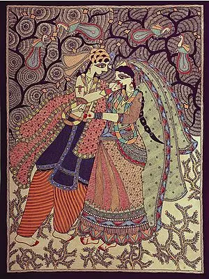 21" x 28" Engrossed In Love Radha Krishna |Traditional Colors | Handmade | Radha Krishna Madhubani Paintings